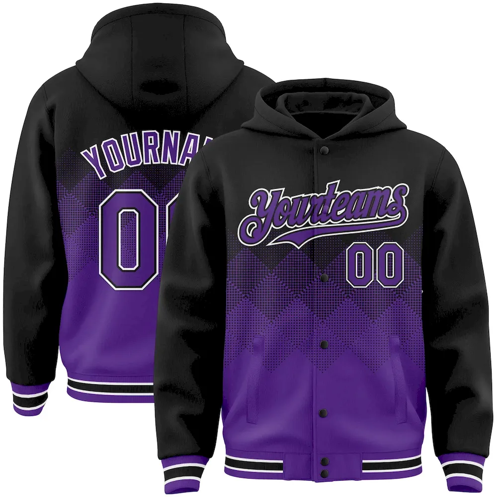 Jacket4354.webp Custom Black Purple-White Gradient Square Shape 3D Pattern Design Bomber Full-Snap Varsity Letterman Hoodie Jacket - Image 1
