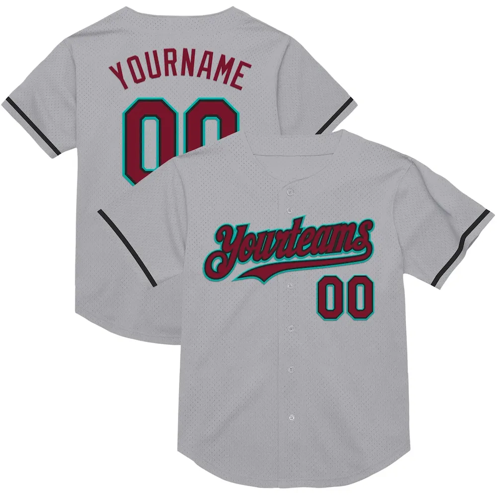Gray0773.webp Custom Gray Crimson Black-Aqua Mesh Authentic Throwback Baseball Jersey - Image 1