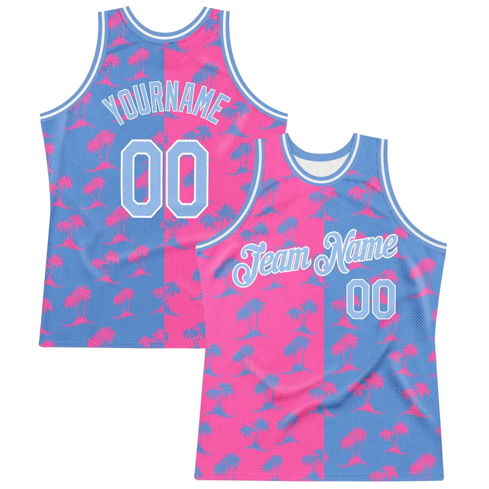 pink_0131.webp Custom Pink Light Blue-White 3D Pattern Hawaii Palm Trees Authentic Basketball Jersey - Image 1